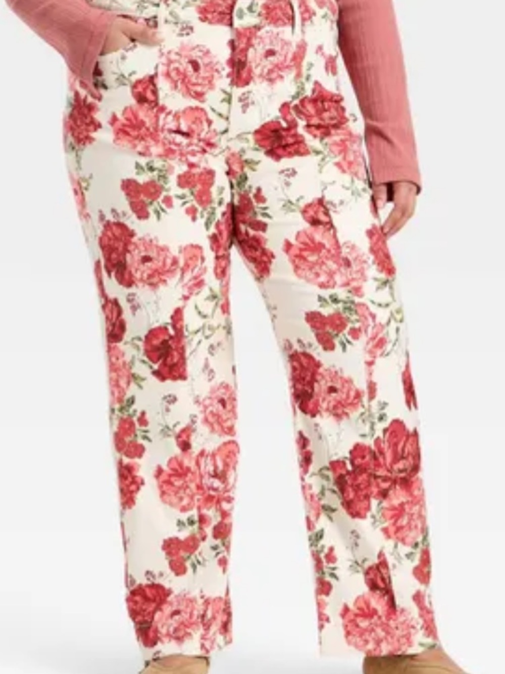 Ava & Viv Floral Wide-Leg Pants in White and Red